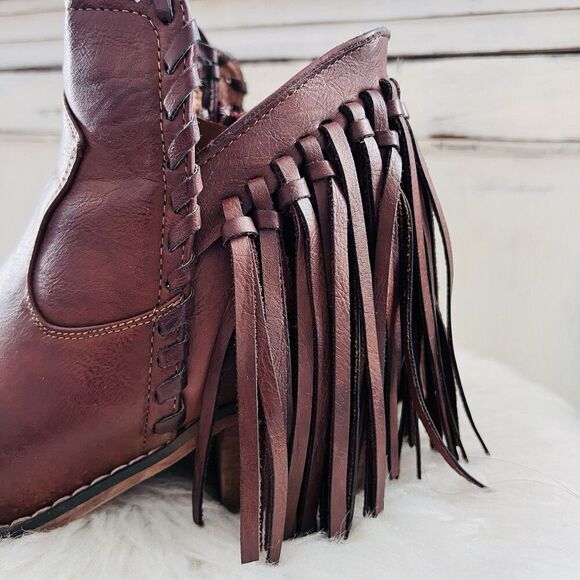 Natural Reflections Keykeel Brown Vegan Leather Fringe Boho Western Boots Sz 6.5 - Picture 4 of 9